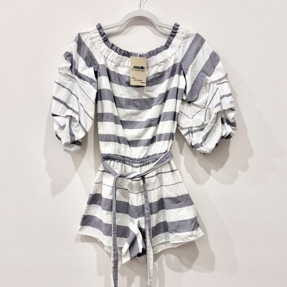 Alexis Striped Off-the-Shoulder Belted Short Romper Gray/White Women's Size S - Picture 2 of 5